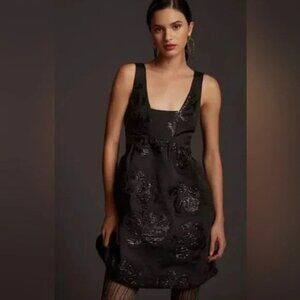 Anthropologie Maeve Dress Women 10 Black Jacquard Mini Shimmer Square Neck Party
